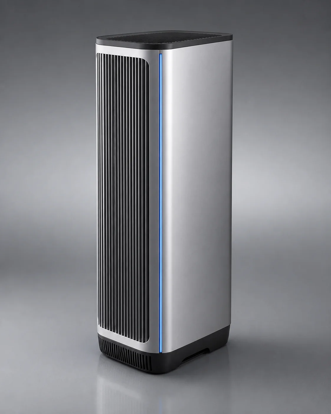 Silver Air One purifier on a cool gray studio floor