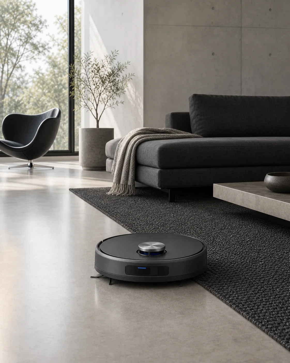 Graphite robot vacuum in a calm architectural living room